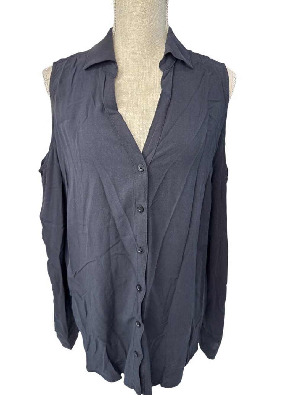 Soho New York & Company Cold Shoulder Button-Up Blouse Size XL Black Womens Coll